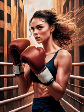 Hermosa mujer en una pose poderosa y atl&eacute;tica con guantes de boxeo
