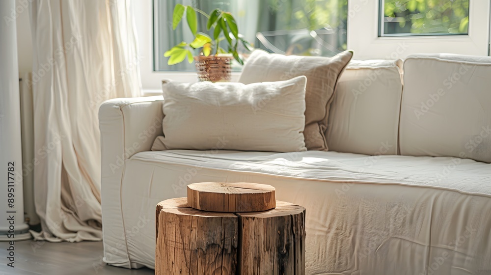 Wall mural living room interior with a white sofa and a wooden table