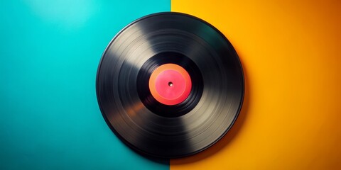Obraz premium Vintage Vinyl Record on Turquoise and Orange Background, vinyl, retro, music, audio