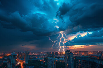 Lightning strikes in sky over cityscape at dusk. Lightning thunderstorm flashes in night. Dangerous weather conditions
