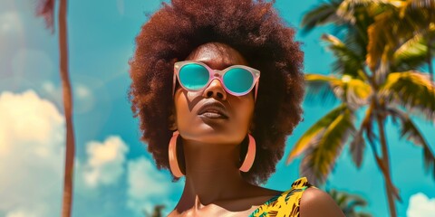Afro african american summer fashion woman with sunglasses. Sunny day, palm and blue sky background at Miami beach