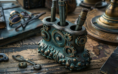 Steampunk Pen Holder Gear Accents Mockup ,printspace