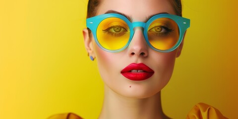 Woman in colorful sunglasses, summer retro fashion.