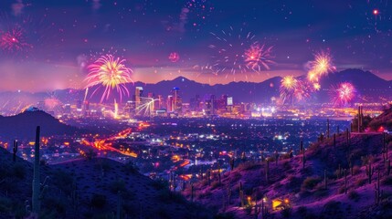 A cityscape with a firework display and cactus in the foreground captured at night