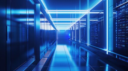 A futuristic hallway in a data center lit with blue neon lights