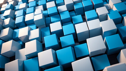 A Sea of Structured Chaos: An Abstract Representation of Varied Blue Cubes in 3D Space