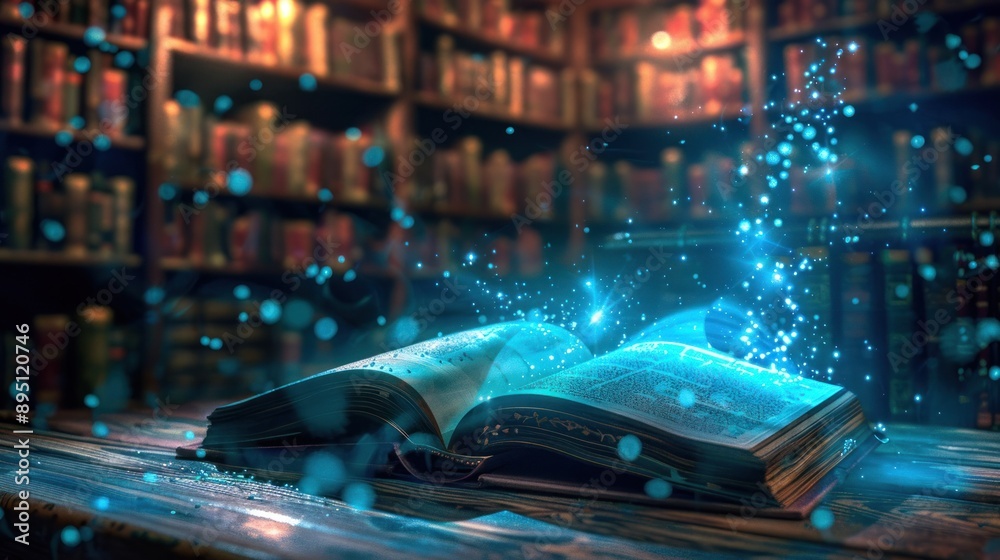 Poster An open book with mystical blue sparks emanating from its pages set against a blurred backdrop of a library