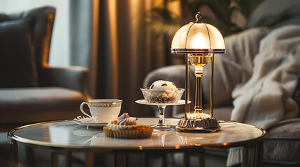 Art Deco Table Lamp Elegant Pastry Tea Set Sophisticated Home Decor ,copyspace