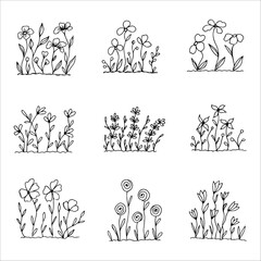 set of hand drawn wildflowers flower beds, monochrome, black and white