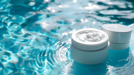 White cosmetic jar on the surface of blue water. Blank label for branding mockup.