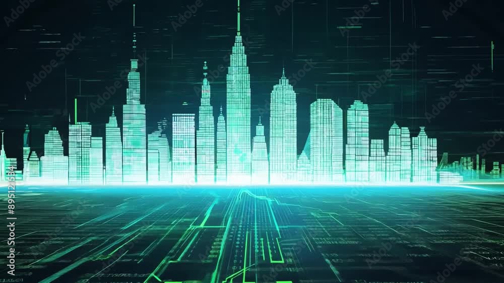 Poster A green-glowing digital cityscape with towering skyscrapers and a foreground of circuit board-like patterns.