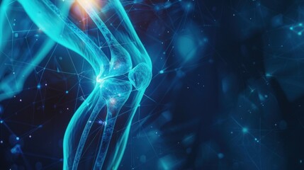 A Digital Rendering Of A Human Knee Joint With Connected Lines And Points Of Light
