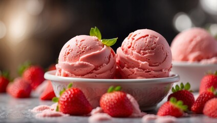 Freshly picked strawberry ice cream with blurred background, ideal for text placement.