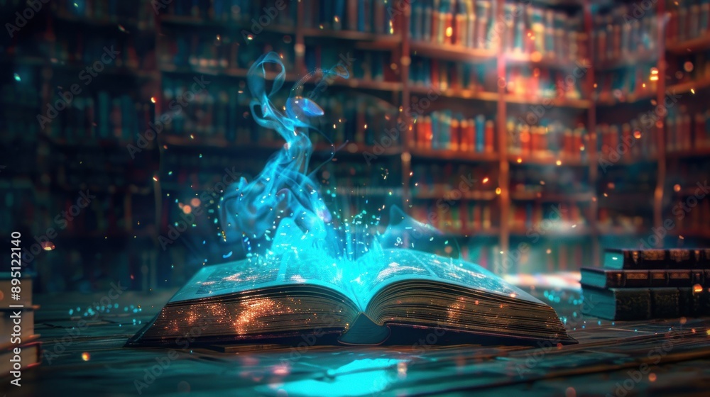 Poster A mystical blue smoke emanating from an open book in a library setting