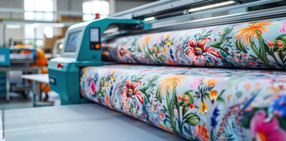 Poster A large industrial printing machine prints a colorful floral pattern onto a continuous roll of fabric