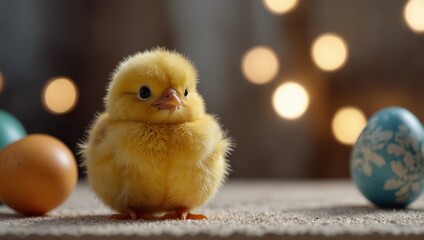 Easter egg and cute chick on white table with soft defocused background for festive theme.