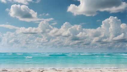 Obraz premium Tranquil tropical beach abstract texture for summer vacation concept with blue sky and white clouds.