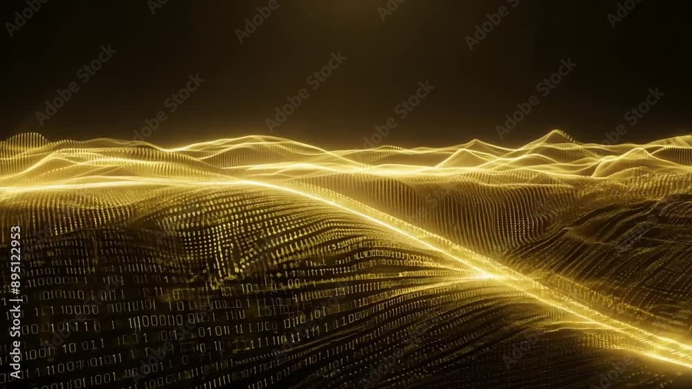 Poster Golden particles form a wave-like landscape against a black background. The light shimmers and reflects off the particles, creating a sense of depth and movement.