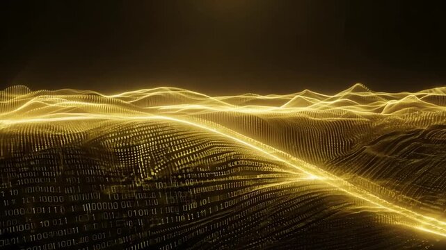 Golden particles form a wave-like landscape against a black background. The light shimmers and reflects off the particles, creating a sense of depth and movement.