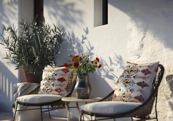 Outdoor Patio With Two Chairs And A Flower Arrangement