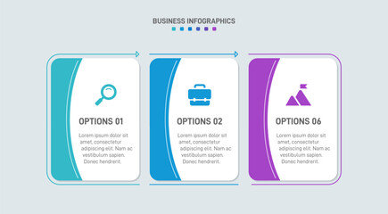 Horizontal progress bar featuring 3 arrow-shaped elements, symbolizing three six stages of business strategy and progression. Clean timeline infographic design template. Vector for presentation