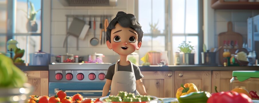 Animated kid chef in a vibrant kitchen with fresh vegetables. Bright and cheerful cooking scene, perfect for culinary or family content.