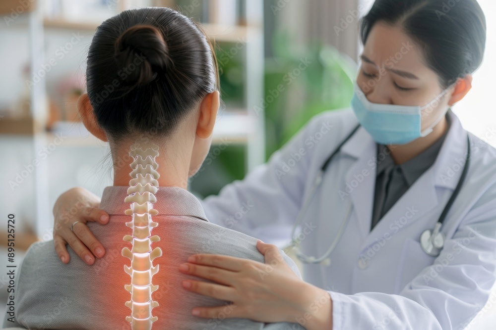 Wall mural Healthcare professional examining patient's spine in modern clinic setting. The image illustrates medical consultation and spinal health care. Conceptual medical photo. Generative AI