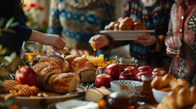 Rosh Hashanah gathering with people in traditional attire, sharing blessings and wishes for a sweet new year, with apples, honey, and challah bread beautifully arranged on the table, and festive decor