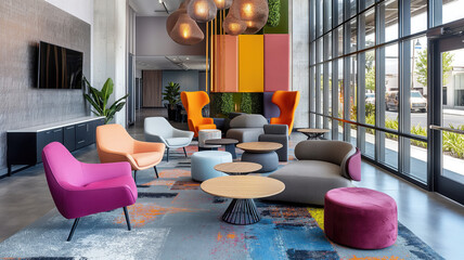 A communal area with vibrant colors and comfortable seating.