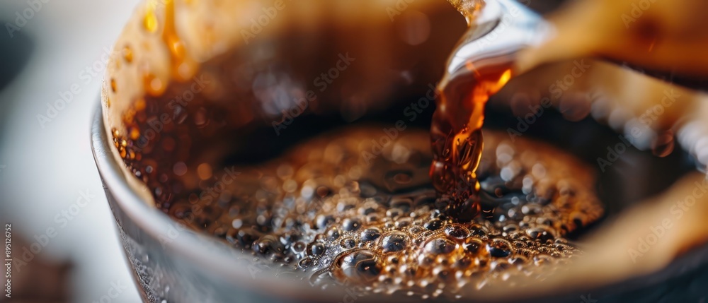 Poster  A close-up of a cup of coffee with a single spoon protruding from its surface