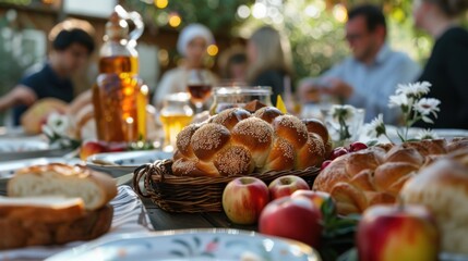 Rosh Hashanah gathering with people in traditional attire, sharing blessings and wishes for a sweet new year, with apples, honey, and challah bread beautifully arranged on the table, and festive decor
