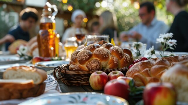 Rosh Hashanah gathering with people in traditional attire, sharing blessings and wishes for a sweet new year, with apples, honey, and challah bread beautifully arranged on the table, and festive decor