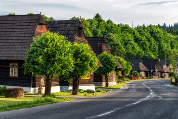 Wooden rural cottages in village Podbiel, Slovakia