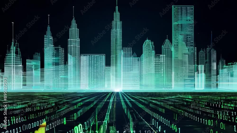 Leinwandbilder A futuristic cityscape with skyscrapers made of glowing green lines. The cityscape is composed of binary code, indicating a digital world.