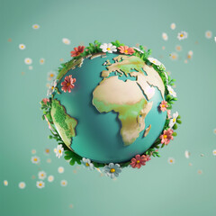 Earth globe 3D with flowers around, simple earth on empty background