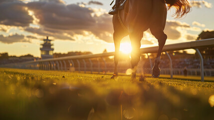 Close up of a race horse at sunrise