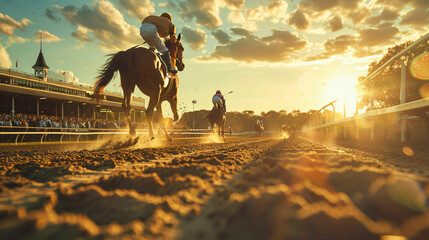 Horse and jockey training at sunrise