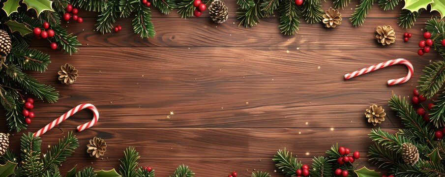 Christmas-themed wooden background with festive decorations like pine branches, berries, pinecones, and candy canes