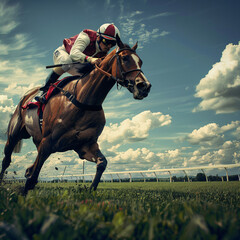 Close up Portrait of a horse and jockey racing