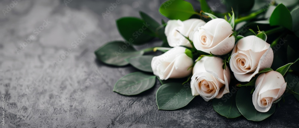 Wall mural  White roses with green leaves on a gray tablecloth Space for text at top