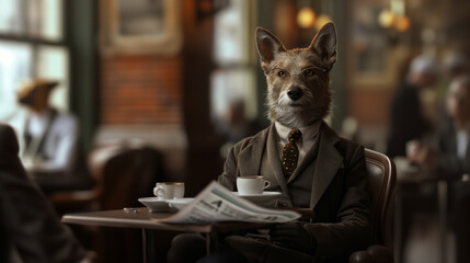 A dog woman wearing a suit and tie, reading a newspaper in a cafe, other animals as customers and waiters, surreal setting 