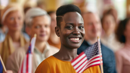 Naklejka premium A group of people attending a citizenship ceremony, holding small flags and certificates, excited expressions 