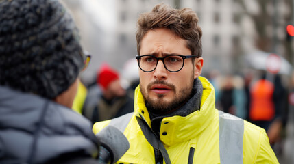 A journalist interviewing a protester about freedom of speech, intense expressions, urban backdrop, microphones visible 