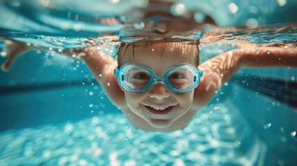 Fototapeta premium Little boy in swim goggles swimming under water in the pool. Happy smiling child learning how to dive and swim. Diving baby having fun