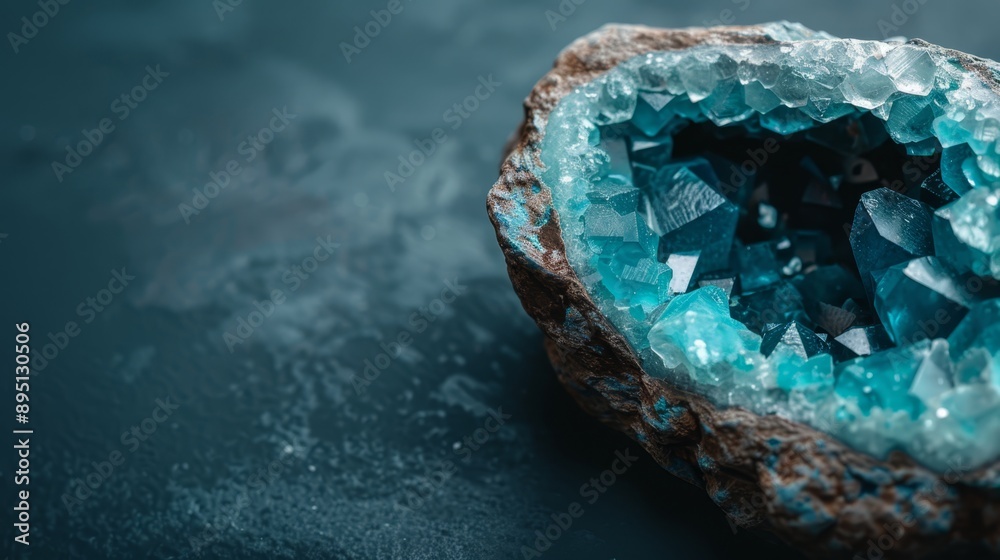 Wall mural  A tight shot of a rock containing a large blue glass piece in its heart against a black background