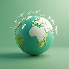 Earth globe 3D with birds around, simple earth on empty background