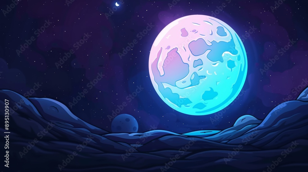 Wall mural  A blue moon in the night sky, illuminated by a radiant side light, surrounded by twinkling stars