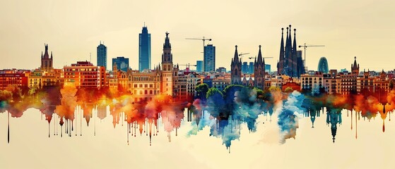 watercolor of Barcelona skyline silhouette.