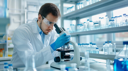 A researcher in a lab looking through a microscope, cancer research equipment and samples around 