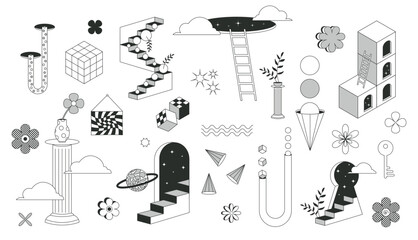 Surrealism elements. Psychedelic modern. Surreal geometric abstract shapes. Stairs, ladder and door portal. Vector shapes in trippy monochrome style. Minimal 3d. Set illustrations on white background
